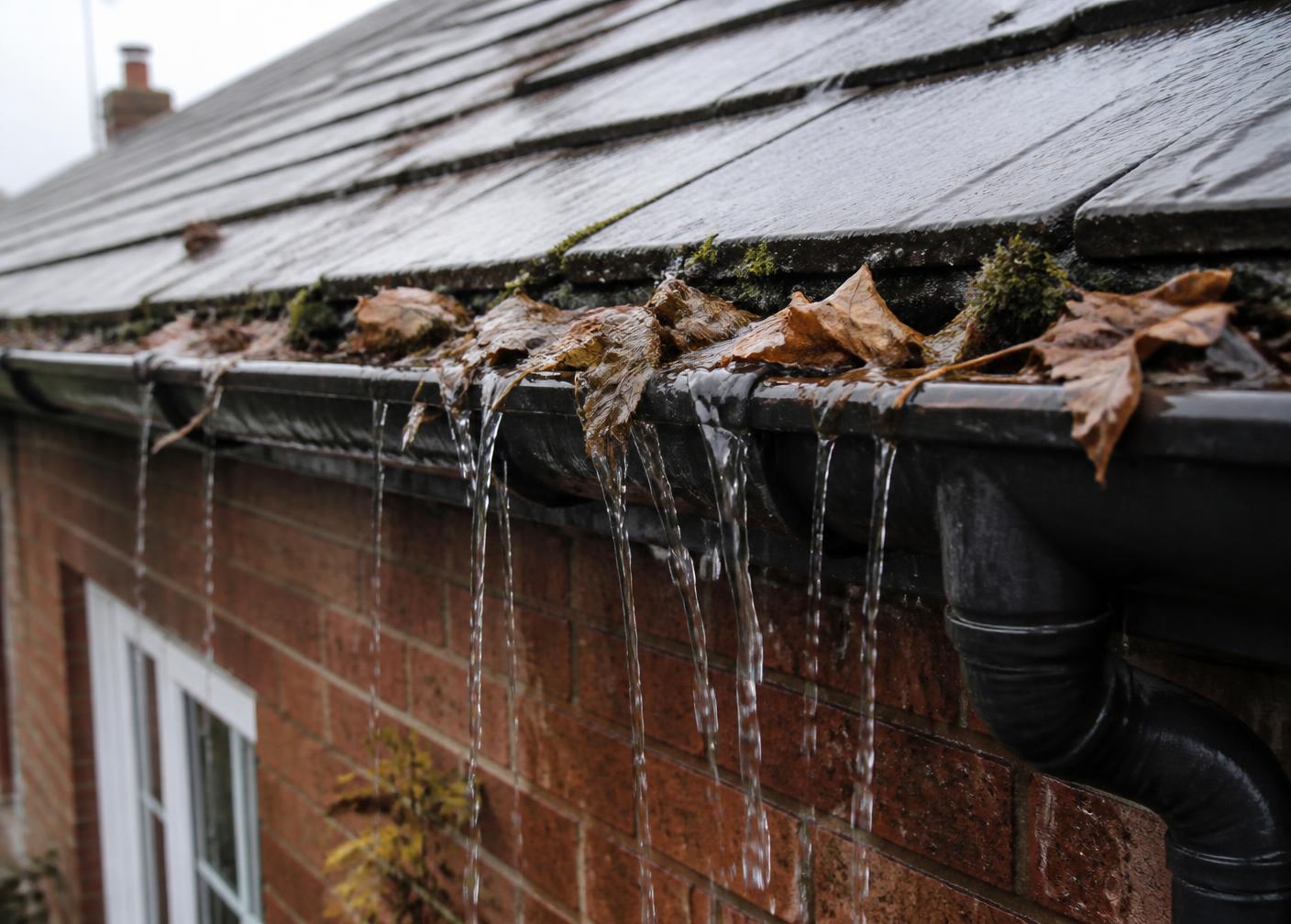 Rainwater overflowing from a gutter blocked with wet leaves and moss