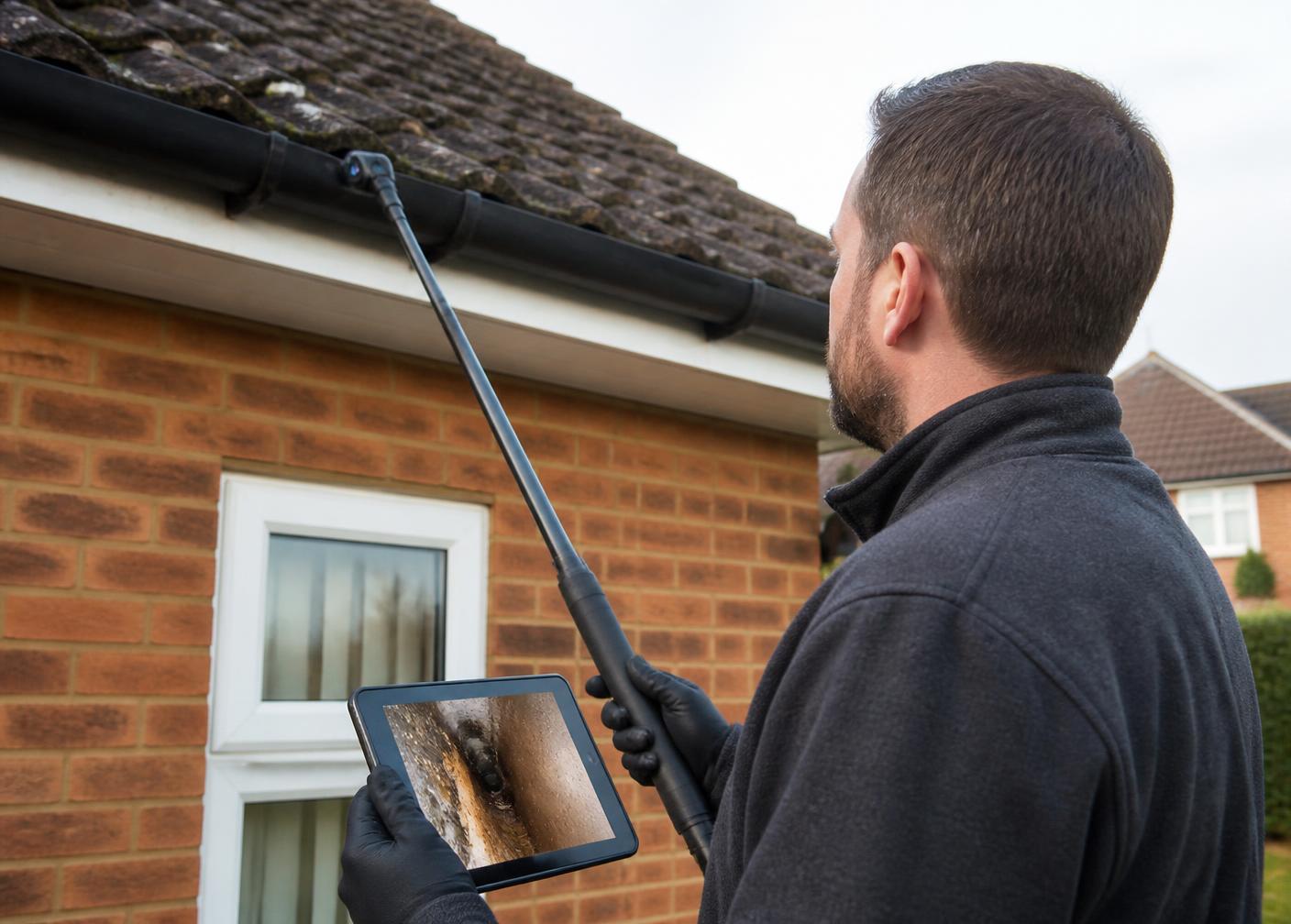 CCTV gutter inspection using a pole camera with the footage shown on a tablet